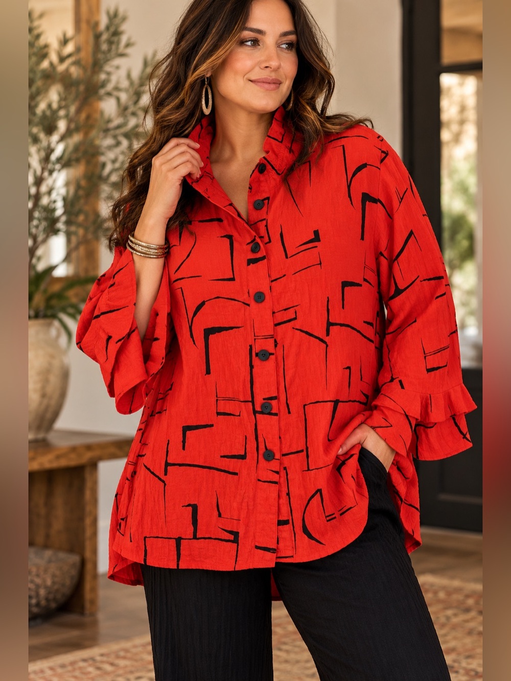 Ali Miles 2X Red Black Abstract Crinkle Tunic Blouse Art to Wear lagenlook abstr